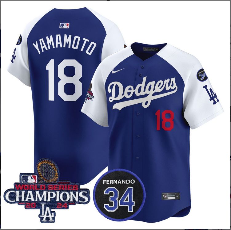 Men MLB Los Angeles Dodgers 18 Yamamoto blue 2024 World Series Champions Patch Limited Jersey style 3